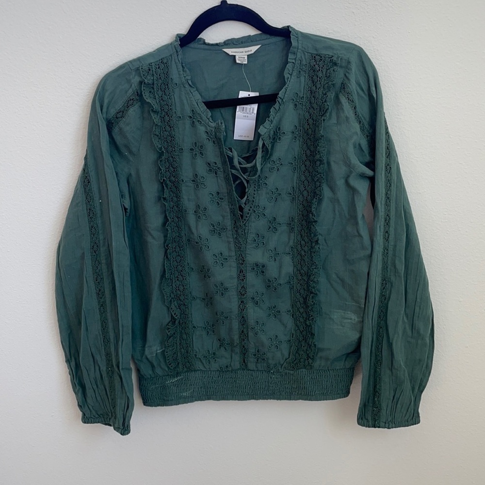 NWT AEO Dark olive green eyelet lace blouse S